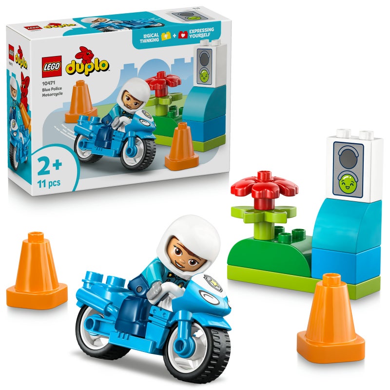 LEGO DUPLO Town Blue Police Motorcycle 10471 Building Toy Set (11 Pieces) - Image 1